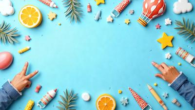 The primary subject of the image is a blue background with various candy and dessert items arranged around it. The setting is a blue table, and the visual style is a combination of photo and digital art. The colors and mood of the image are predominantly blue and vibrant, with a fun and playful atmosphere.