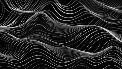 The primary subject of the image is a black and white pattern of waves, which appears to be a digital art or illustration. The setting is a dark background, and the visual style gives the impression of a modern, abstract design. The dominant colors are black and white, creating a bold and striking appearance. The overall atmosphere of the image is dynamic and visually engaging.