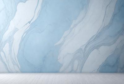 The primary subject of the image is a large, blue, marbled wall. The setting is a room with a white floor, and the visual style is a photo. The dominant colors are blue and white, creating a calm and serene atmosphere.