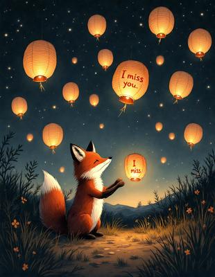 The primary subject of the image is a fox sitting in a field, surrounded by a variety of lit lanterns. The setting is a nighttime scene with a starry sky, creating a serene and magical atmosphere. The visual style is a combination of digital art and illustration, with the lanterns and the fox's fur being depicted in detail. The colors and mood of the image are predominantly warm and inviting, with the lanterns providing a sense of warmth and the fox