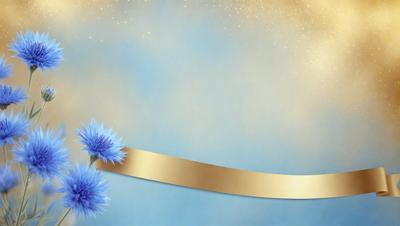 The primary subject of the image is a gold ribbon with blue flowers attached to it. The ribbon is placed against a blue sky background, creating a sense of depth and contrast. The visual style of the image is a combination of photo and digital art, as it appears to be a close-up of the ribbon with flowers, yet the colors and mood are vibrant and lively.
