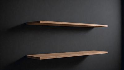 The primary subject of the image is a wooden bookshelf with two shelves. The setting is a dark room, and the visual style is a photo. The dominant colors are black and brown, creating a moody atmosphere.