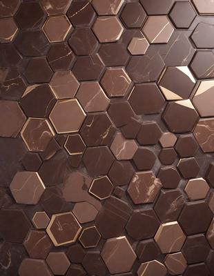 The primary subject of the image is a marble wall with a pattern of hexagons. The setting is a room with a brown marble wall, and the visual style is a close-up of the wall. The colors and mood of the image are predominantly brown, giving it a warm and natural atmosphere.