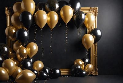 The primary subject of the image is a gold frame with a black background. The frame is adorned with a large number of gold and black balloons, creating a visually striking and festive display. The balloons are arranged in various positions, filling the frame and creating a sense of depth and dimension. The overall atmosphere of the image is celebratory and joyful, with the gold and black balloons adding a touch of elegance and sophistication to the scene.