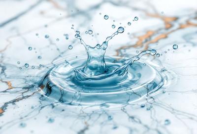 The primary subject of the image is a splash of water, which is captured in a close-up shot. The water appears to be blue and is splashing onto a white surface, creating a visually striking scene. The setting is a white marble countertop, which serves as the background for the image. The visual style is a close-up photo, showcasing the details of the water splash. The colors and mood of the image are predominantly blue and white, giving it a clean and fresh appearance.