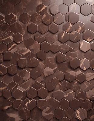 The primary subject of the image is a marble wall with a pattern of hexagons. The setting is a room with a brown marble wall, and the visual style is a close-up of the wall. The colors and mood of the image are predominantly brown, giving it a warm and earthy atmosphere.