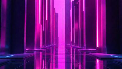 The primary subject of the image is a long, narrow hallway with a purple glow. The setting is a futuristic city, with tall buildings on either side of the hallway. The visual style is a digital art, creating a surreal and intriguing atmosphere. The dominant colors are purple and pink, giving the scene a unique and captivating appearance.