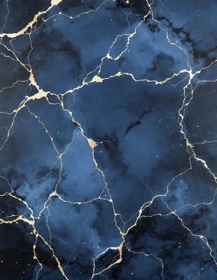 The primary subject of the image is a blue and gold marbled wallpaper. The setting is a room with a blue and gold marbled wallpapered wall. The visual style is a close-up of the wallpaper, showcasing the intricate design. The colors and mood of the image are predominantly blue and gold, creating a luxurious and elegant atmosphere.