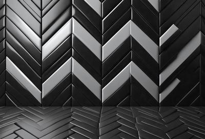 The primary subject of the image is a black and white tile wall. The setting is a room with a black and white tile wall as the main focus. The visual style is a photo, and the dominant colors are black and white. The overall atmosphere is modern and minimalistic.