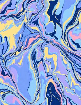 The primary subject of the image is a colorful, abstract design featuring a mix of blue, yellow, and pink hues. The setting is a blue and purple background, which complements the vibrant colors of the design. The visual style appears to be a combination of digital art and illustration, creating a unique and eye-catching pattern. The overall atmosphere is lively and energetic, with the colors and patterns creating a sense of movement and dynamism.