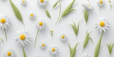The primary subject of the image is a close-up of a white flower with yellow petals. The setting is a white wall, and the visual style is a digital art or illustration. The dominant colors are white and yellow, creating a bright and cheerful atmosphere.