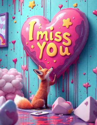 The primary subject of the image is a fox, which is sitting on a pink surface. The setting is a colorful and whimsical environment, with a heart-shaped sign that reads "I miss you" above the fox. The visual style is a combination of digital art and illustration, creating a unique and playful atmosphere. The colors are predominantly pink and red, giving the scene a warm and affectionate mood.