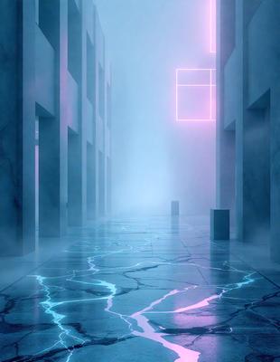 The primary subject of the image is a long, narrow hallway with a blue color scheme. The setting is a futuristic, industrial environment, with a backdrop of a building. The visual style is a combination of photo and digital art, creating a surreal and moody atmosphere. The dominant colors are blue and pink, with the blue walls and pink accents adding to the futuristic and industrial feel of the scene.