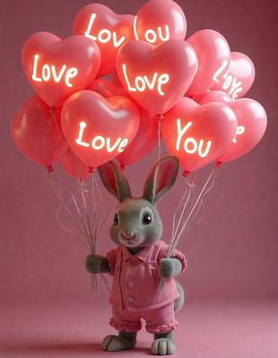 The primary subject of the image is a stuffed bunny holding a bunch of pink balloons. The setting is a pink background, which adds a warm and cheerful atmosphere to the scene. The visual style is a combination of a photo and digital art, creating a unique and eye-catching image. The colors and mood are predominantly pink, which is associated with love and affection.