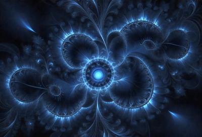 The primary subject of the image is a blue and white flower with a blue center. The setting is a dark background, which contrasts with the vibrant colors of the flower. The visual style is a digital art or illustration, as the flower appears to be a part of a larger, intricate design. The dominant colors are blue and white, creating a serene and calming atmosphere.