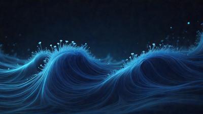 The primary subject of the image is a blue wave with a flower pattern on it. The setting is a dark blue background, which creates a contrasting and visually striking scene. The visual style is a combination of digital art and illustration, giving the image a unique and artistic appearance. The dominant colors are blue and purple, with the flower pattern adding a touch of green. The overall atmosphere is serene and calming, as the viewer is drawn into the depths of the blue ocean.