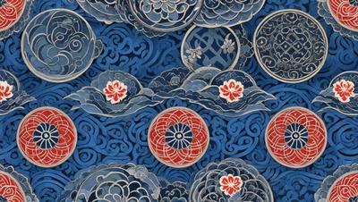 The primary subject of the image is a collection of blue and red flower-shaped plates. These plates are arranged in a visually appealing manner, creating a sense of harmony and balance. The setting is a blue background, which complements the vibrant colors of the plates. The visual style of the image is a combination of digital art and illustration, showcasing the intricate details of the flower designs. The colors and mood of the image are lively and cheerful, with the blue and red