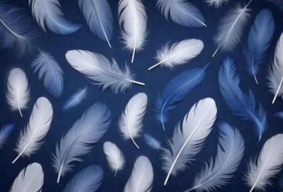 The primary subject of the image is a collection of white feathers, which are arranged in a pattern on a blue background. The visual style of the image is a combination of photo and digital art, creating a unique and eye-catching design. The colors and mood of the image are predominantly blue and white, giving it a calm and serene atmosphere.