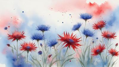 The primary subject of the image is a field of flowers, with a variety of different colored flowers, including red, blue, and purple. The setting is a grassy field, and the visual style is a painting or drawing. The colors and mood of the image are vibrant and lively, with the flowers creating a sense of beauty and natural wonder.