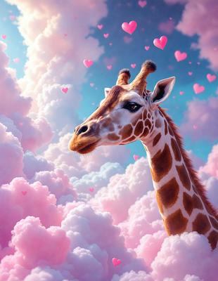 The primary subject of the image is a giraffe, which is the main object, scene, or focus of the image. The giraffe is standing in a pink and white cloudy sky, which serves as the setting or background. The visual style of the image is digital art, as it is a computer-generated illustration. The dominant colors in the image are pink and white, creating a warm and whimsical atmosphere.