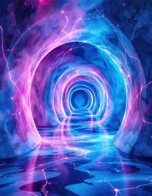 The primary subject of the image is a tunnel with a blue light illuminating it. The tunnel appears to be made of ice and has a purple glow. The setting is a futuristic environment, and the visual style is digital art. The dominant colors are blue and purple, creating a cool and futuristic atmosphere.