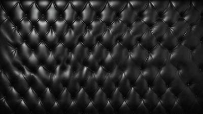 The primary subject of the image is a black leather couch. The setting is a black background, which creates a striking contrast with the couch. The visual style is a close-up of the couch, showcasing its texture and details. The colors and mood of the image are predominantly black, giving it a sleek and modern appearance.