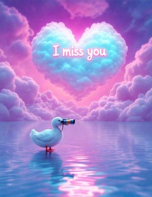 The primary subject of the image is a duck, which is standing in a body of water. The setting is a cloudy sky, and the visual style appears to be a digital art or illustration. The dominant colors in the image are pink and blue, creating a warm and serene atmosphere.
