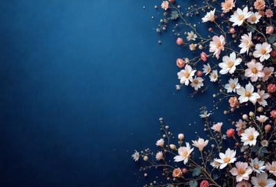 The primary subject of the image is a beautiful arrangement of flowers, including pink and white flowers, set against a blue background. The visual style of the image is a combination of photo and digital art, creating a vibrant and lively atmosphere. The colors and mood of the image are predominantly blue and pink, with the flowers adding a touch of white. The overall effect is a stunning and eye-catching display of flowers against a striking blue background.