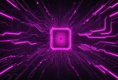 The primary subject of the image is a large, pink square with a purple background. The square is surrounded by a multitude of pink and purple lines, creating a visually striking and unique pattern. The setting appears to be a futuristic or technological environment, as the square is described as a "computer" and "matrix." The visual style of the image is a combination of digital art and illustration, with the pink and purple lines giving it a distinctive and eye-catching appearance. The