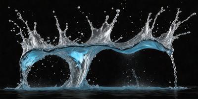 The primary subject of the image is a blue water splash, which appears to be a digital art or illustration. The setting is a dark background, which contrasts with the blue water splash. The visual style gives the impression of a dynamic and energetic scene. The dominant colors are blue and white, creating a sense of movement and excitement.