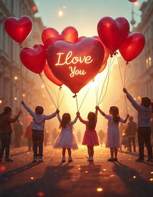 The primary subject of the image is a group of children standing together on a street. They are holding up balloons, specifically red heart-shaped balloons, which are floating in the air. The setting is an outdoor street, and the visual style appears to be a photo. The children are dressed in white and pink, and the overall atmosphere is joyful and playful.