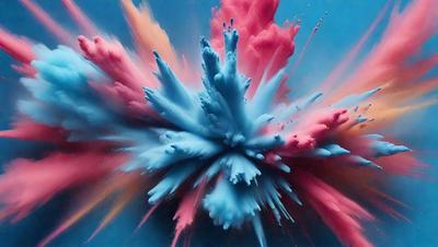 The primary subject of the image is a large, colorful, and abstract painting. The painting features a mix of pink, blue, and purple colors, creating a vibrant and lively atmosphere. The setting is a wall, and the visual style appears to be a combination of digital art and illustration. The painting is the main focus of the image, and its colors and patterns evoke a sense of energy and creativity.