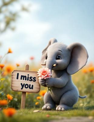 The primary subject of the image is a small elephant holding a flower. The setting is a field with a sign that says "I miss you." The visual style is a digital art illustration, and the colors are predominantly pink and yellow, creating a warm and friendly atmosphere.