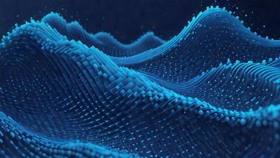 The primary subject of the image is a blue, digital art-like representation of a wave. The setting is a dark background, which contrasts with the bright blue color of the wave. The visual style is a combination of digital art and a pattern, creating a unique and eye-catching design. The colors and mood of the image are predominantly blue, giving it a calm and serene atmosphere.
