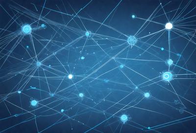 The primary subject of the image is a blue background with a network of interconnected lines. The setting appears to be a digital art or illustration, as the lines are intricately connected and create a complex pattern. The visual style is a combination of a photo and digital art, as the lines are both realistic and have a digital appearance. The colors and mood of the image are predominantly blue, creating a calm and serene atmosphere.