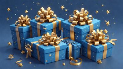 The primary subject of the image is a collection of blue and gold gift boxes. These boxes are adorned with gold ribbons and gold bows, giving them a luxurious and elegant appearance. The setting is a blue background, which complements the colors of the gift boxes. The visual style is a digital art, as the boxes are depicted in a realistic manner. The colors and mood of the image are predominantly blue and gold, creating a sense of sophistication and celebration.