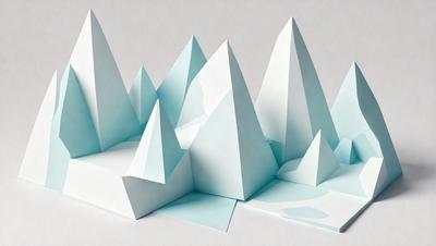 The primary subject of the image is a series of blue and white triangular paper sculptures. These sculptures are arranged in a mountainous formation, creating a visually striking scene. The setting is a white surface, which provides a clean and uncluttered backdrop for the sculptures. The visual style of the image is a combination of digital art and illustration, as the paper sculptures are carefully crafted and arranged to create a realistic mountain landscape. The colors and mood of the image are predominantly blue and white