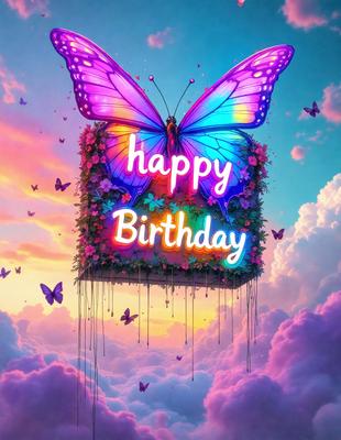 Happy Birthday: [The main object, scene, or focus of the image is a colorful butterfly-shaped sign that says "Happy Birthday."]

Setting/background: [The background features a cloudy sky, which adds to the overall atmosphere of the image.]

Visual style: [The image is a digital artwork, showcasing the creativity and skill of the artist.]

Colors and mood: [The dominant colors are pink, purple, and blue