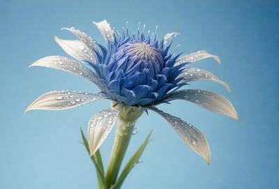 The primary subject of the image is a blue flower with white petals, sitting on a blue surface. The setting appears to be a garden or an outdoor environment. The visual style of the image is a close-up of the flower, showcasing its details and beauty. The dominant colors in the image are blue and white, creating a serene and calming atmosphere.