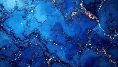 The primary subject of the image is a blue marble-like surface with a pattern of yellow and blue swirls. The setting is a blue background, and the visual style appears to be a combination of a photo and a digital art or illustration. The dominant colors are blue and yellow, creating a vibrant and lively atmosphere.
