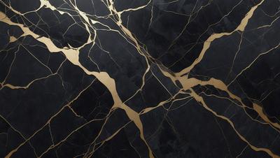 The primary subject of the image is a marble countertop with a gold-colored design. The setting is a kitchen, and the visual style is a close-up of the countertop. The colors and mood of the image are predominantly black and gold, giving it a luxurious and elegant appearance.