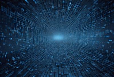 The primary subject of the image is a blue tunnel with a patterned wall. The setting is a dark, blue environment, and the visual style appears to be a digital art or illustration. The dominant colors are blue and black, creating a moody atmosphere.