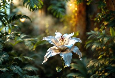The primary subject of the image is a white flower with a pink center, which is located in a forest setting. The flower is surrounded by green leaves and is positioned in the middle of the scene. The visual style of the image is a photo, capturing the beauty of the flower in its natural environment. The colors and mood of the image are predominantly green and serene, with the white flower standing out as the focal point.