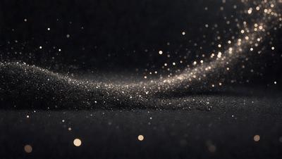 The primary subject of the image is a close-up of a black background with glittering, sparkling particles or confetti. The setting appears to be a dark room, and the visual style is a combination of a photo and digital art. The colors and mood of the image are predominantly dark and mysterious, with the glittering particles adding a touch of brightness and intrigue.