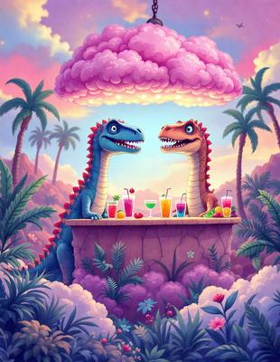 The primary subject of the image is a painting of two dinosaurs, specifically two large T-Rex dinosaurs, sitting at a table with drinks. The setting is a tropical environment, with palm trees visible in the background. The visual style is a colorful and whimsical illustration, giving the painting a fun and lively atmosphere. The dominant colors include shades of pink, purple, and green, which contribute to the overall mood of the painting.