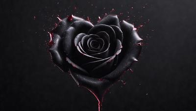 The primary subject of the image is a black rose. The setting is a dark background, which creates a dramatic and moody atmosphere. The visual style is a close-up of the rose, showcasing its details. The colors are predominantly black, with some red droplets, which adds to the intensity of the scene.