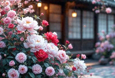 The primary subject of the image is a beautiful flower arrangement with a variety of pink and white flowers. The flowers are arranged in a vase, which is placed in front of a wooden building. The setting appears to be a garden or an outdoor space, with the flowers providing a lively and colorful atmosphere. The visual style of the image is a close-up of the flower arrangement, showcasing the intricate details of the flowers. The colors and mood of the image are predominantly pink and white, creating