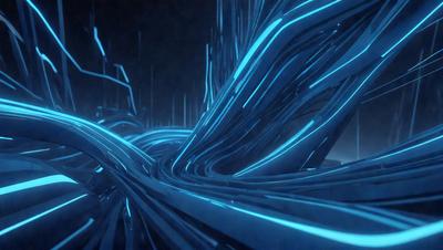 The primary subject of the image is a blue, wavy, and curvy structure that resembles a futuristic cityscape. The setting is a dark, blue-lit environment, which adds to the overall mood of the image. The visual style is a combination of digital art and illustration, creating a unique and captivating scene. The colors and mood of the image are predominantly blue, with a sense of depth and intrigue.