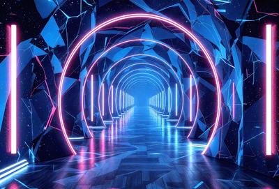 The primary subject of the image is a long, narrow hallway with a blue lighting effect. The hallway is lined with blue lights, creating a unique and visually striking atmosphere. The setting appears to be a futuristic or modern environment, possibly a museum or an art installation. The visual style of the image is a combination of digital art and illustration, with the blue lighting and the overall design of the hallway giving it a futuristic and modern feel.