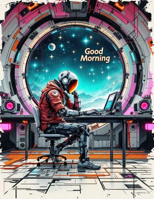 The primary subject of the image is a man sitting at a desk, working on a laptop. The setting is a futuristic environment, with a large window behind him that features a space station and a starry sky. The visual style is a digital art or illustration, creating a vibrant and imaginative atmosphere. The colors and mood are predominantly blue and green, with a sense of wonder and exploration.